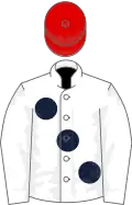 White, large dark blue spots, red cap