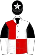 Red and white (quartered), black and white halved sleeves, black cap, white star