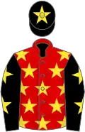 Red, yellow stars, black sleeves, yellow stars, black cap, yellow star