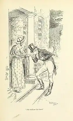 On a stoop, a young man kisses a young woman's hand.