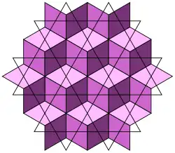 The rhombille tiling overlaid on its dual, the trihexagonal tiling.