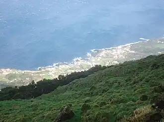 The coastal portion of Santo Amaro village, seen from the Achada Plain near Chã do Pelado