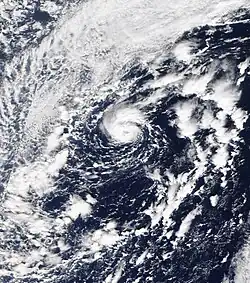 Satellite imagery of Subtropical Storm Pablo on October 25, 2019, with a formative eye feature