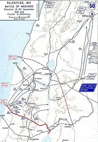 Map showing the advance of Macandrew's division along the coast of the Mediterranean between 19 and 25 September, including the route through Haifa and Acre
