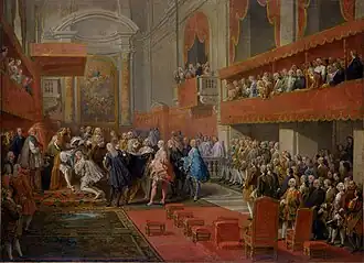 The delivery of the Order of the Holy Spirit to Prince Vaini by the Duke of Saint-Aignan in the Saint-Louis-des-Français church, September 15, 1737 (c. 1745), oil on canvas, 72 x 98 cm., Musée des Beaux-Arts de Caen