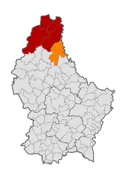 Map of Luxembourg with Parc Hosingen highlighted in orange, and the canton in dark red