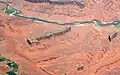 Parriott Mesa centered in this aerial view. Colorado River at top, Convent Mesa to far right, and The Rectory at bottom