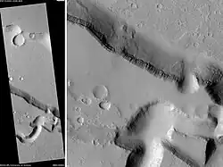 Patapsco Vallis, as seen by HiRISE. Patapsco Vallis is a valley in the Elysium quadrangle of Mars. Scale bar is 1000 meters long.