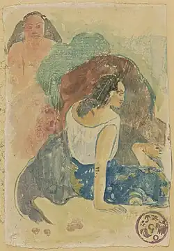 Watercolor monotype showing two women, one with her back to the viewer