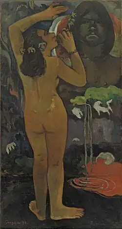 Paul Gauguin: Hina Te Fatu, 1893, donation to the Museum of Modern Art. Oil on burlap, 114.3 × 62.6 cm (45.00 × 24.65 in)