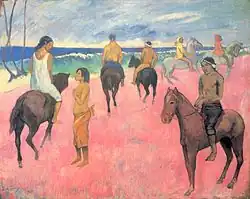 A painting of people riding horses on a beach with red sand.