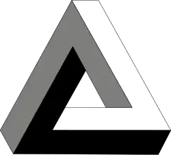Penrose triangle (tribar) – first created by the Swedish artist Oscar Reutersvärd in 1934. Roger Penrose independently devised and popularised it in the 1950s, describing it as "impossibility in its purest form".