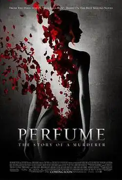The film's poster is dominated by the dark silhouette of a naked woman standing against a brightly-lit black background with her back facing toward the camera. The top left quarter of her back, from her lower back to her left shoulder, has been digitally-altered to deteriorate gradually into a bevy of bright red rose petals.