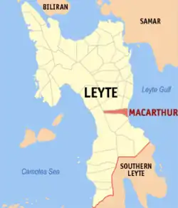 Map of Leyte with MacArthur highlighted