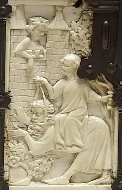 Panel of casket with scenes of romances, France, ivory, 1330–1350