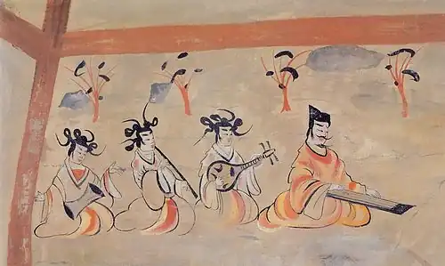An early depiction of pipa player in a group of musicians. From the Dingjiazha Tomb No. 5, period of the Northern Wei (384-441 A.D.)