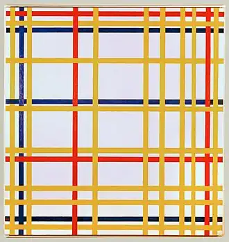 A painting of yellow, red, and blue lines arranged in a woven lattice or grid-like pattern.
