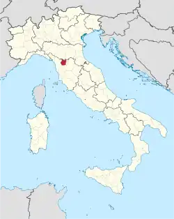 Map highlighting the location of the province of Pistoia in Italy