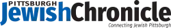 A text logo containing two unspaced words, Jewish and Chronicle, with Pittsburgh in the cap and ascender height above Jewish and a slogan that is written "Connecting Jewish Pittsburgh". The logo is all black, except for the word Jewish, which is blue.