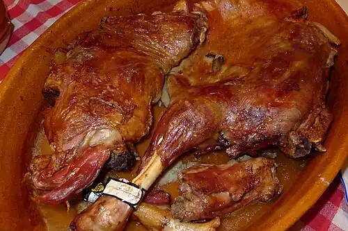 Lechazo asado (roast lamb) is a typical dish from the province of Valladolid and other Castilian provinces in Spain.