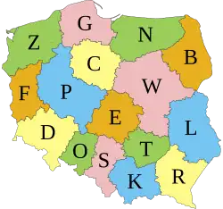 Polish voivodeship divison with a letter attached to each one.
