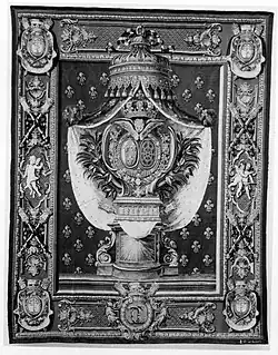 Portière with the Chauvelin arms from a set called a Chancellerie, wool and silk, designed 1679 and 1700, borders c. 1720, woven 1728–30