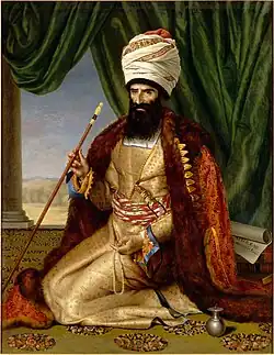 Asker khan, Persian ambassador - A golden qabā with open buttons, sashed at the waist
