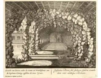 View of the grotto and the covered path between the ponds