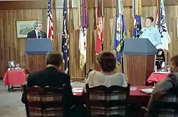 Reagan and David Stockman prepare for the presidential debate at Camp David, October 6, 1984