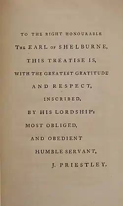 Dedication to Shelburne in volume I of Joseph Priestly's Experiments and Observations on Different Kinds of Air (1774)