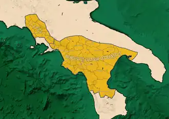 The Principality of Salerno, in red, during the reign of Guaifer in the 9th century.