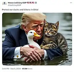 A Twitter post featuring an AI-generated image of Donald Trump hugging a duck and a cat, tweeted by the Republican-controlled "United States House Committee on the Judiciary" account on September 9, 2024, accompanied by the text "Protect our ducks and kittens in Ohio!"