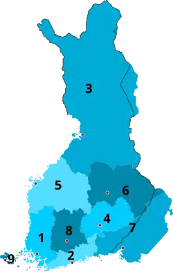 1918-1920/1921 1 Turku and Pori 2 Uusimaa 3 Oulu 4 Mikkeli 5 Vaasa 6 Kuopio 7 Viipuri 8 Tavastia 9 Åland