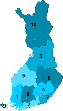1944-1945   1 Turku and Pori   2 Uusimaa   3 Oulu   4 Mikkeli   5 Vaasa   6 Kuopio   7 Viipuri   8 Tavastia   9 Åland 10 Lapland