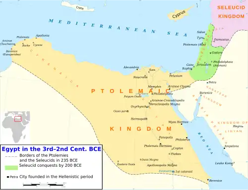 Ptolemaic Egypt c. 235 BC. The areas in green were lost to the Seleucid Empire thirty five years later.
