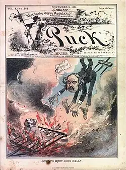 Gone to meet John Kelly (Hugh McLaughlin, the Irish Catholic political "boss" of Brooklyn) being deposited in "Hades" (hell), November 9, 1881 cover