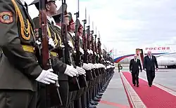 President Putin and President Alexander Lukashenko inspecting the guard during the former's arrival ceremony at Minsk National Airport in 2012.