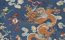 Detail of qifu (imperial dragon robe), late 19th or early 20th century, silk, gilt thread, twill and damask weave, embroidery, Honolulu Academy of Arts
