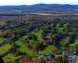 Aerial view of golf course and club house