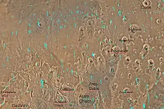 Quadrangle map of Oxia Palus quadrangle labeled with major features. This quadrangle contains many collapsed areas of Chaos and many outflow channels (old river valleys).