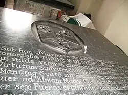 Inscription on Sir Thomas Wolryche's tomb, lauding his military achievements. He was a prominent Cavalier commander regionally.