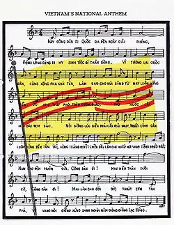 A sheet music notation of "Call to the Citizens", with the South Vietnamese flag in the background.