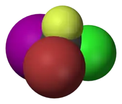 Spacefill model of bromochlorofluoroiodomethane (R)