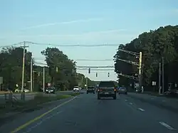 Ground-level view of a four-lane divided highway with a narrow grassy median separating the opposing lanes of traffic; a traffic signal is visible in the distance