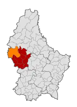 Map of Luxembourg with Rambrouch highlighted in orange, and the canton in dark red