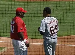 Curaçaoans Randall Simon (left) and Jair Jurrjens talking on a spring training baseball field in 2007.
