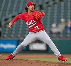 Randy Wynne throwing a pitch for the Louisville Bats in 2025