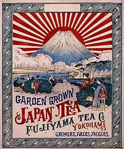 Wooden box label (Fujiyama Tea Co.) of Japanese green tea for export in the Meiji/Taisho period. Such a label was called 'orchid'.