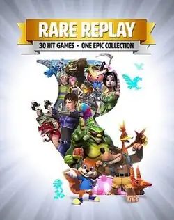 Portrait-oriented cover art with gradient from white to gray outward from the center with explosive/glare streaks. Atop is a golden banner with "RARE REPLAY" emblazoned in white, and below it, a smaller gray banner with black text: "30 HIT GAMES · ONE EPIC COLLECTION". In the center and occupying most of the image is a large cutout of the company's R rotunda logo, out of which come characters created by the company, including Joanna Dark, Banjo and Kazooie, Conker, Rash, Sabreman, piñatas, and many others.