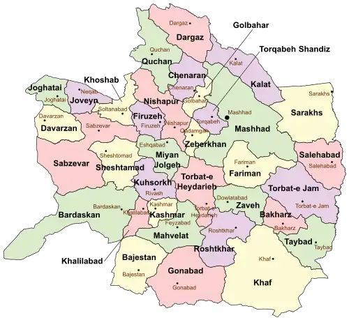 Location of Bakharz County in Razavi Khorasan province (center right, pink)